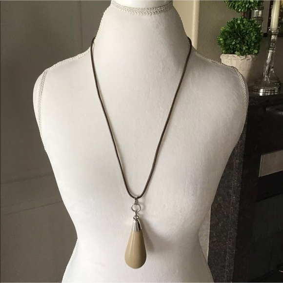 NEW Taupe Teardrop Pendant Statement Drop Necklace Long Wax Cord Mod Resin - Picture 1 of 6